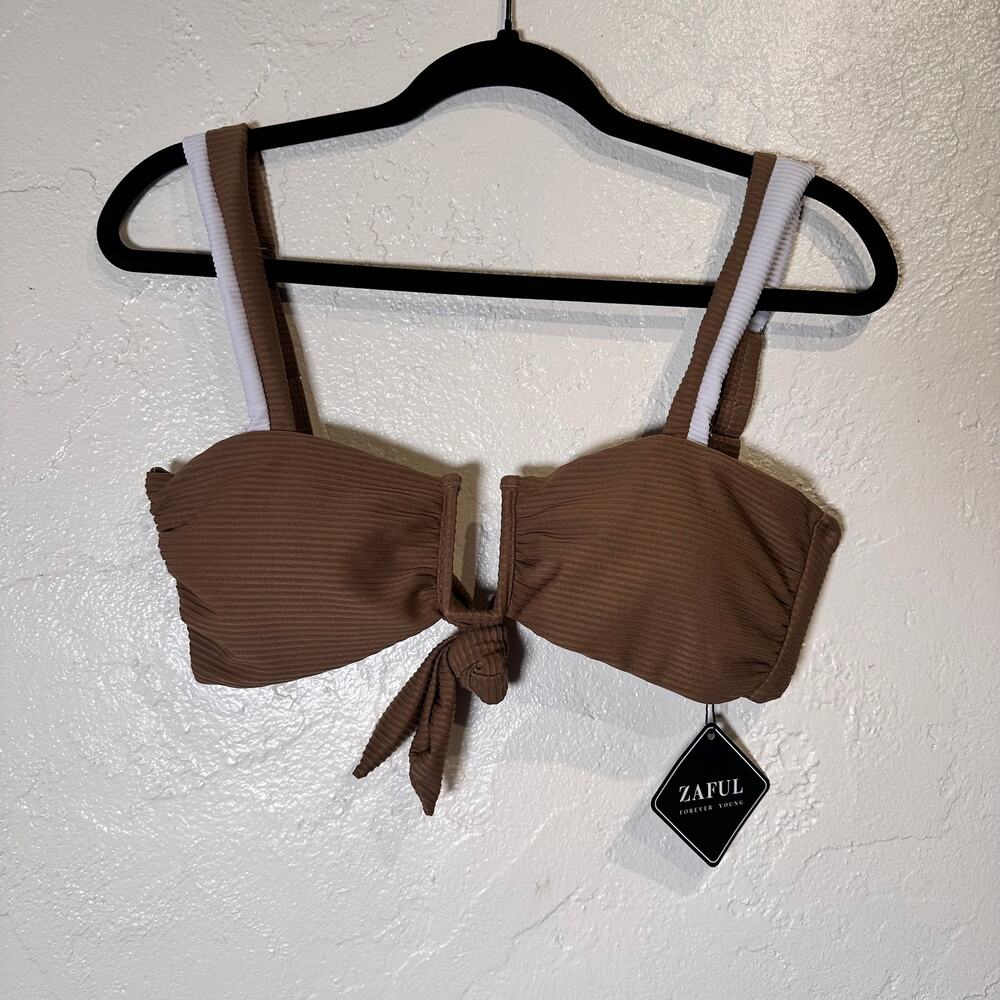 Zaful Size M 6 Bikini Top Chocolate Brown Ribbed Deep V